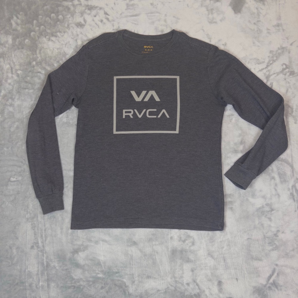 RVCA Thermal Shirt Mens Medium Gray Waffle Knit Long Sleeve VA Logo Graphic Tee